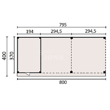 JWOODS Buitenverblijf 800x370cm incl. berging 200(b), Geschaafd met verticaal Triple rabat Naturel