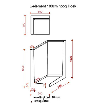 L-Hoekelement 50x50x100 cm (L x Voet x H) Roestbruin