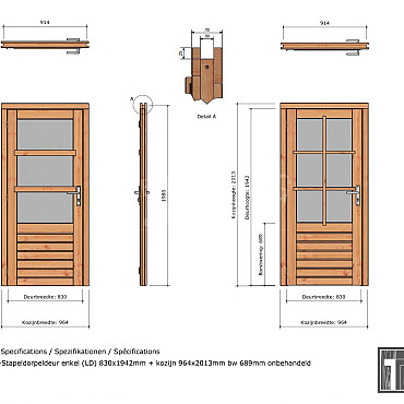 Douglas enkele deur 6-ruits 83x194,2 cm met kozijn onbehandeld linksdraaiend (Incl. Hang en Sluitwe