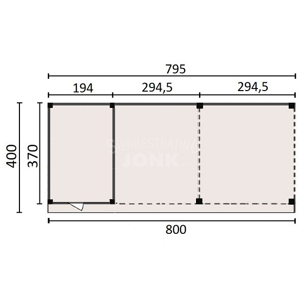 JWOODS Buitenverblijf 800x370cm incl. berging 200(b), Geschaafd met verticaal Triple rabat Naturel