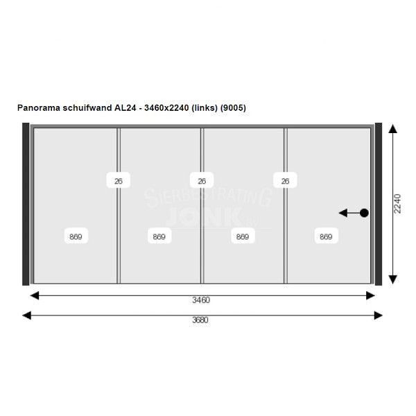 Glazen Schuifwand 346(B)x224(H) cm tbv zijkant Buitenverblijf 370 cm diepte