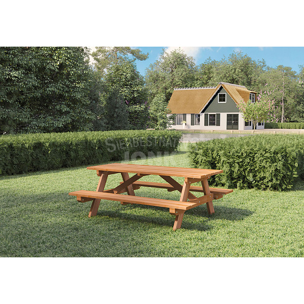 <h1><strong>Picknicktafel</strong></h1><p>Picknicktafels zijn verkrijgbaar in verschillende stijlen, materialen en maten, waardoor ze geschikt zijn voor verschillende smaken.</p><h2>Productbeschrijving</h2><p>Behandeling: Geolied</p><p>Materiaal: Hout</p><p>Houtsoort: Hardhout</p><p>Keurmerken: Indonesian Legal Wood</p><p>Diepte: 160 cm.</p><p>Breedte: 200 cm.</p><p>Hoogte: 75 cm.</p><p>Opklapbare zitting: Nee</p><p>Dikte hout: 3,5 cm.</p><p>Afmeting tafelblad diepte: 76,5 cm.</p><p>Afmeting tafelblad breedte: 200 cm.</p><p>Bevestigingsmateriaal inbegrepen: Ja</p><p>Extra informatie: Let op, hardhout kan bloeden. Dit kan verkleuring geven aan aangrenzend materiaal zoals beton of bestrating.</p>