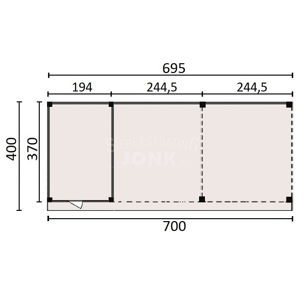 JWOODS Buitenverblijf 700x370cm incl. berging 200(b), Geschaafd met verticaal Triple rabat Zwart