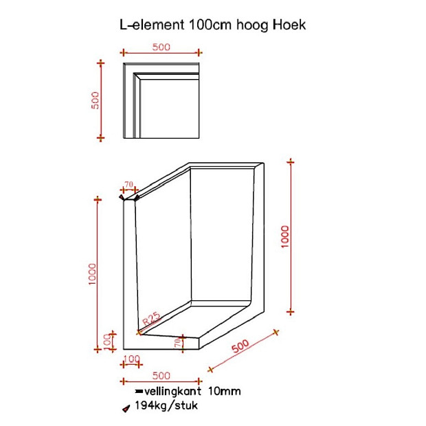 L-Hoekelement 50x50x100 cm (L x Voet x H) Antraciet