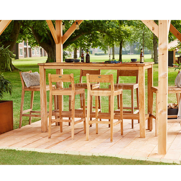 Barset Buckingham tafel en zes barstoelen zithoogte 75 cm teak