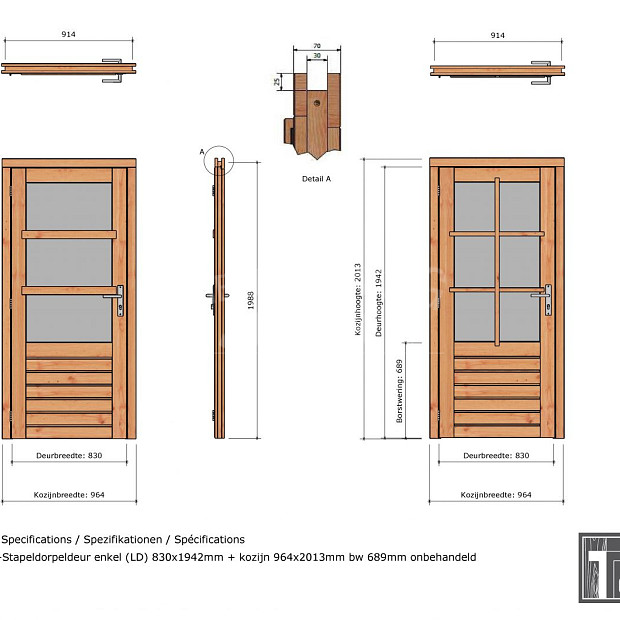 Douglas enkele deur 6-ruits 83x194,2 cm met kozijn onbehandeld linksdraaiend (Incl. Hang en Sluitwe